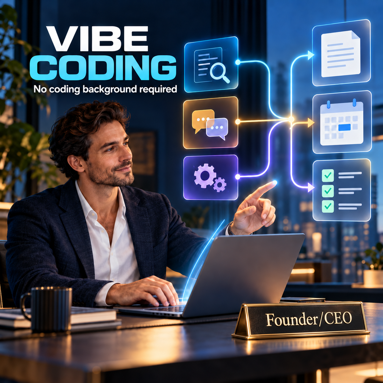 AI-generated illustration of an executive building with AI, with VIBE CODING lettering and a Founder/CEO desk plaque.